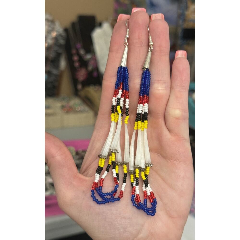 5” Navajo Sterling Cone Tip Seed Bead Long Earrings Triple Strand Red White Blue